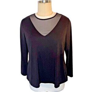 Lane Bryant Women's 2X Blouse Black V Neck Shaped Mesh Crew Neck Long Sleeve